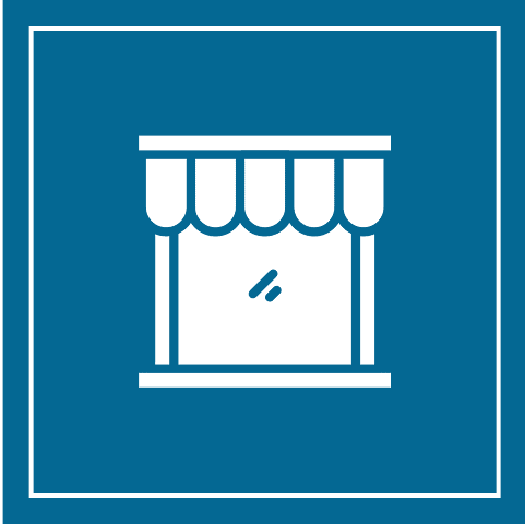 Storefront icon with awning on blue background.