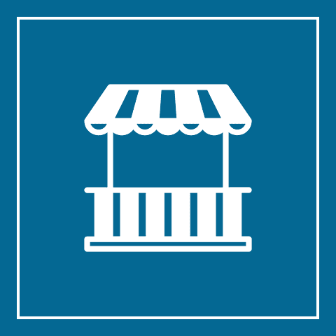 Market stall icon on blue background.