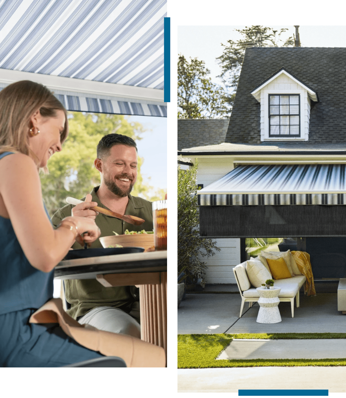 A woman and a man enjoying drinks at an outdoor table with a striped awning.