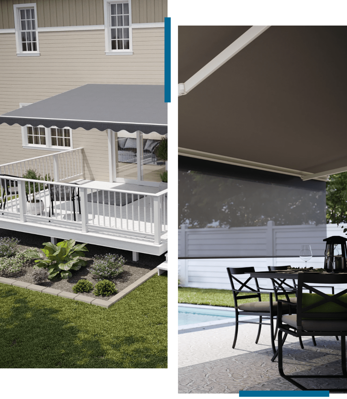 A backyard patio with a white fence and outdoor furniture under a canopy.