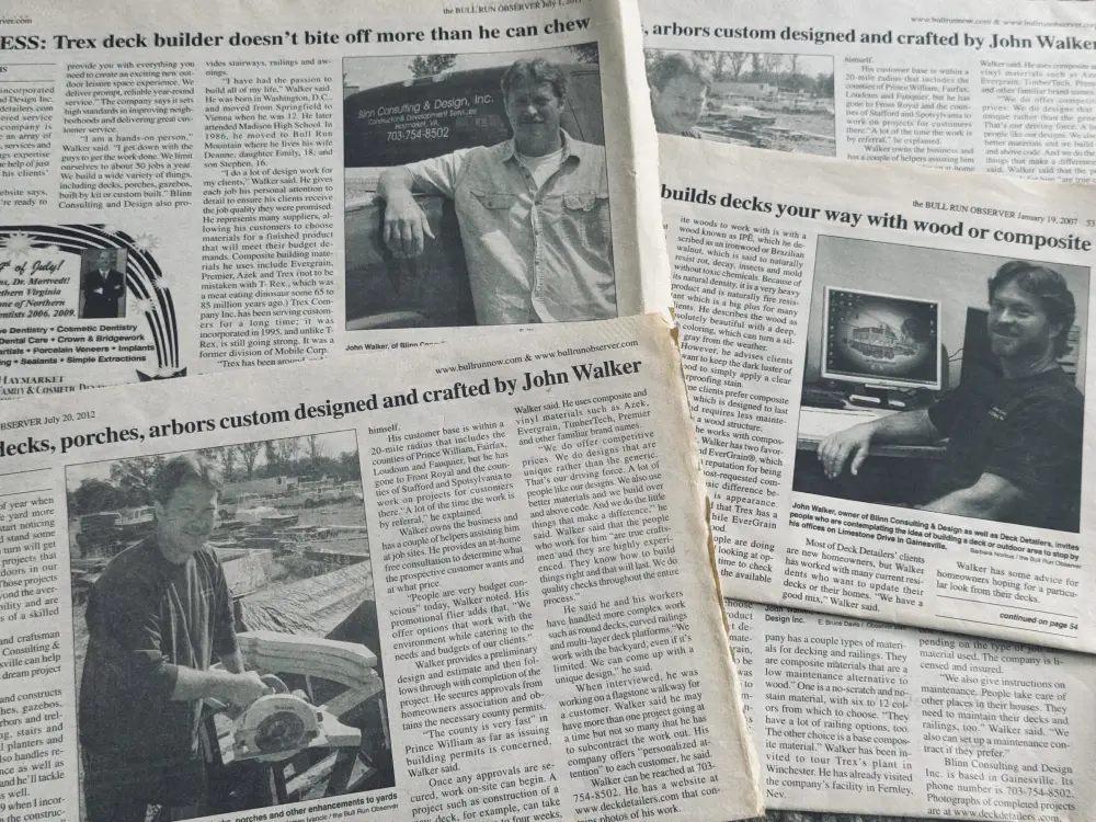 Newspaper clippings featuring deck builder articles.